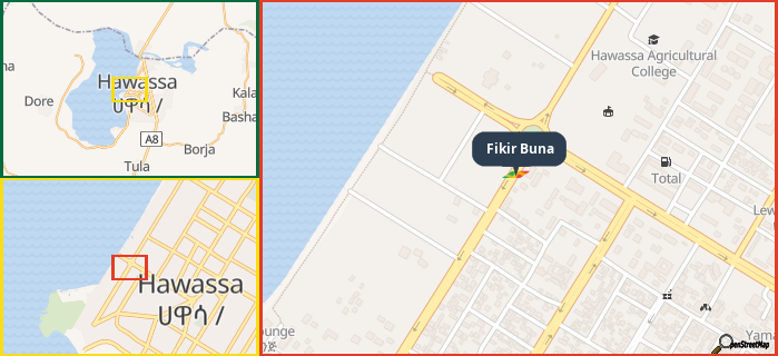 Map showing the address of Fikir Buna in three different zoom levels.