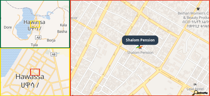 Map showing the address of Shalom Pension in three different zoom levels.