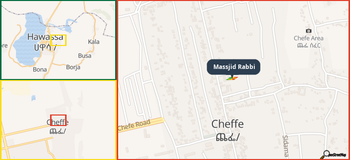 Map showing the address of Massjid Rabbi in three different zoom levels.