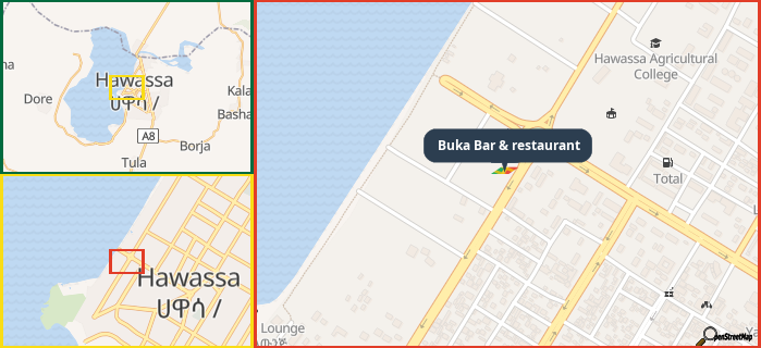 Map showing the address of Buka Bar & restaurant in three different zoom levels.