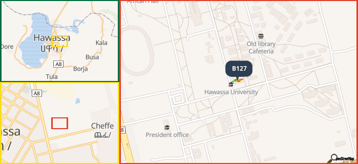 Map showing the address of B127 in three different zoom levels.