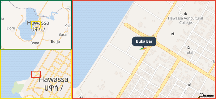 Map showing the address of Buka Bar in three different zoom levels.