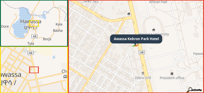 Map showing the address of Awassa Kebron Park Hotel in three different zoom levels.