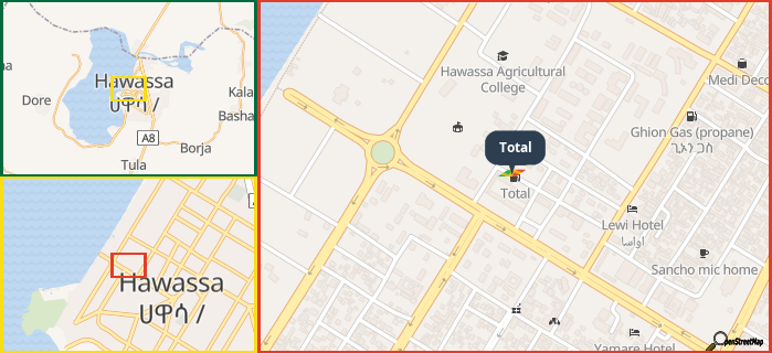 Map showing the address of Total in three different zoom levels.