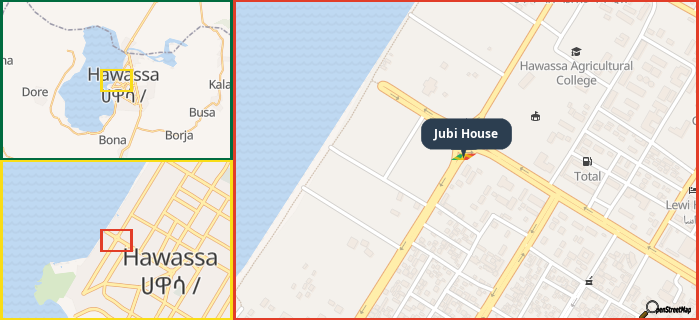 Map showing the address of Jubi House in three different zoom levels.