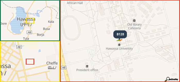 Map showing the address of B128 in three different zoom levels.