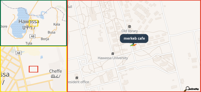 Map showing the address of merkeb cafe in three different zoom levels.