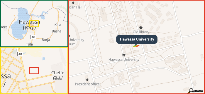 Map showing the address of Hawassa University in three different zoom levels.
