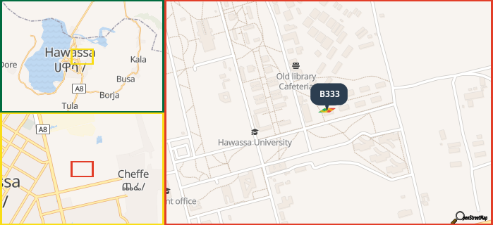 Map showing the address of B333 in three different zoom levels.