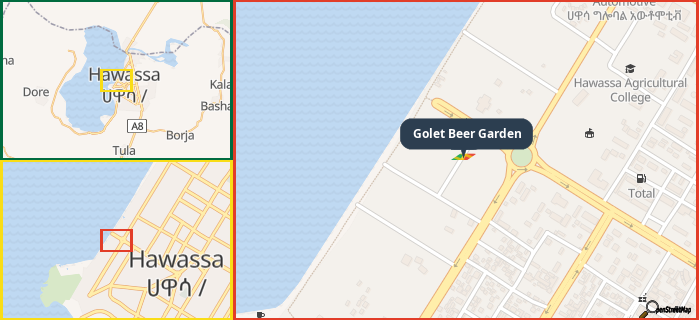 Map showing the address of Golet Beer Garden in three different zoom levels.