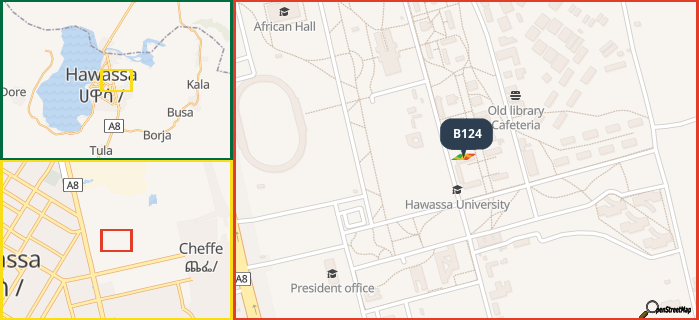 Map showing the address of B124 in three different zoom levels.