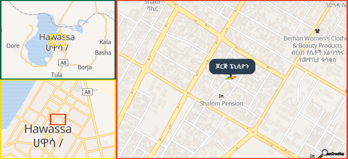 Map showing the address of ጆርጅ ፔኒሲዮን in three different zoom levels.