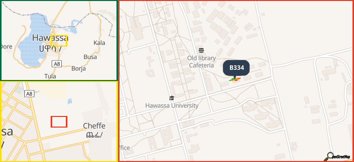 Map showing the address of B334 in three different zoom levels.