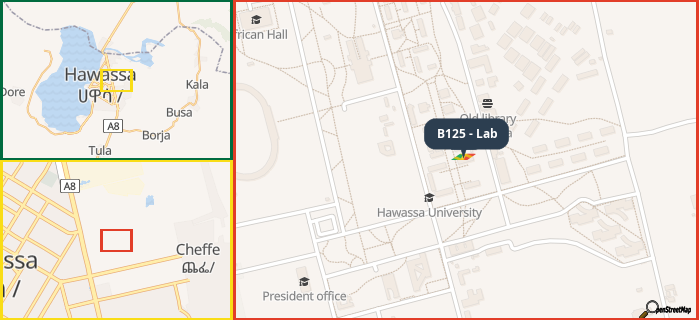 Map showing the address of B125 - Lab in three different zoom levels.