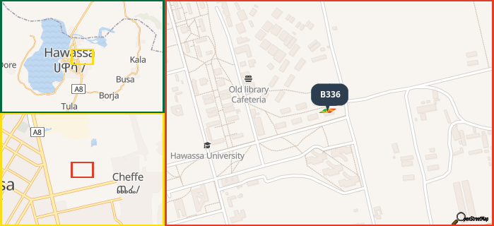 Map showing the address of B336 in three different zoom levels.