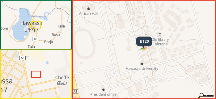 Map showing the address of B120 in three different zoom levels.