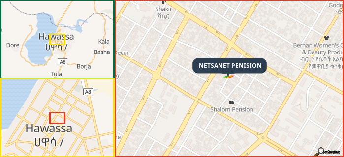 Map showing the address of NETSANET PENISION in three different zoom levels.