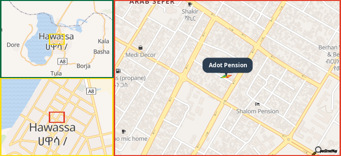 Map showing the address of Adot Pension in three different zoom levels.