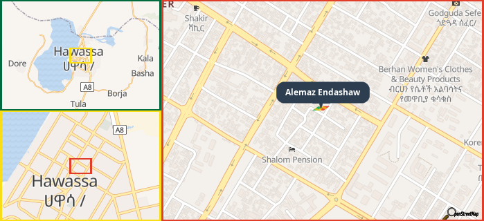 Map showing the address of Alemaz Endashaw in three different zoom levels.