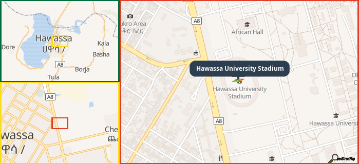 Map showing the address of Hawassa University Stadium in three different zoom levels.
