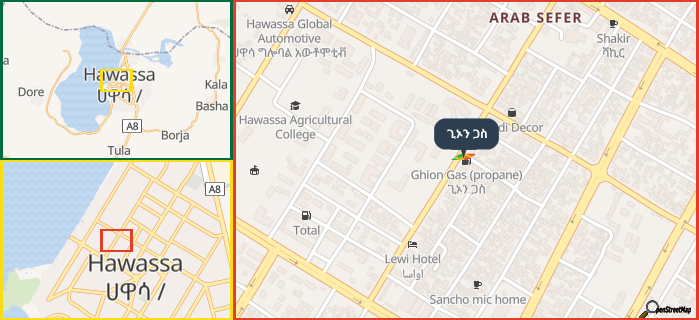 Map showing the address of ጊኦን ጋስ in three different zoom levels.