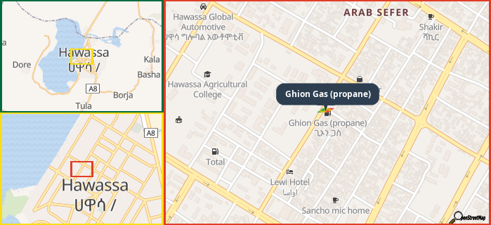 Map showing the address of Ghion Gas (propane) in three different zoom levels.