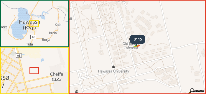 Map showing the address of B115 in three different zoom levels.