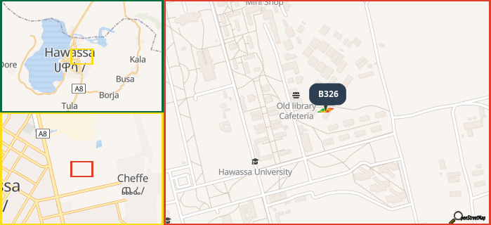 Map showing the address of B326 in three different zoom levels.