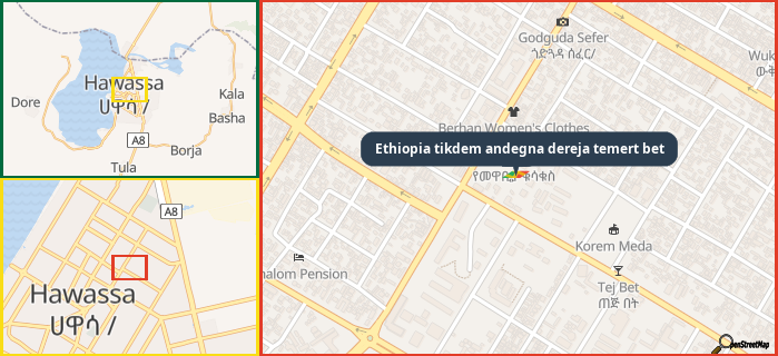 Map showing the address of Ethiopia tikdem andegna dereja temert bet in three different zoom levels.