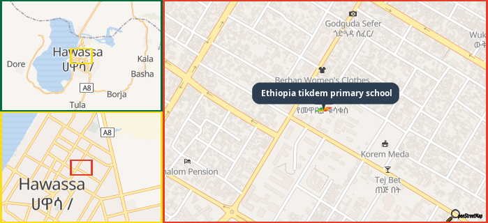 Map showing the address of Ethiopia tikdem primary school in three different zoom levels.