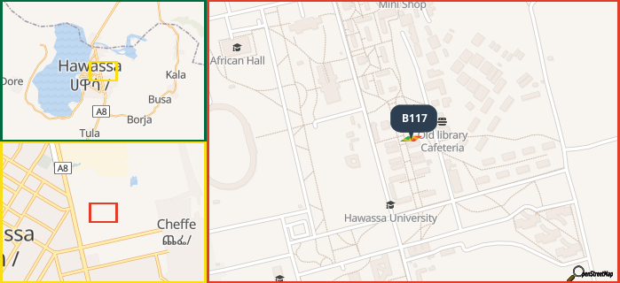 Map showing the address of B117 in three different zoom levels.