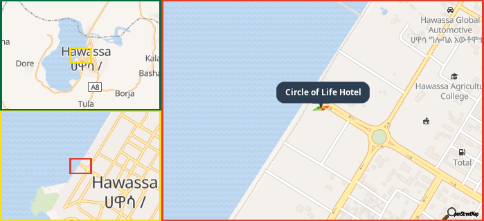 Map showing the address of Circle of Life Hotel in three different zoom levels.