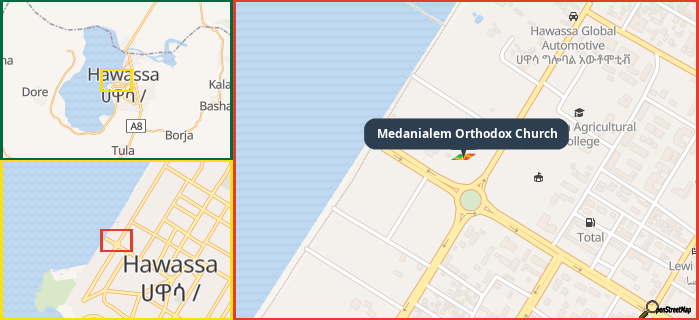 Map showing the address of Medanialem Orthodox Church in three different zoom levels.