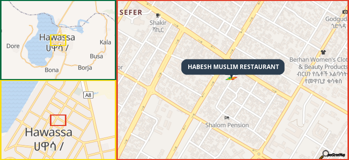 Map showing the address of HABESH MUSLIM RESTAURANT in three different zoom levels.