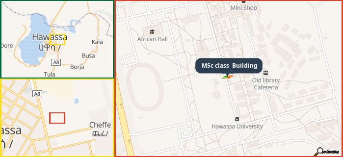 Map showing the address of MSc class  Building in three different zoom levels.