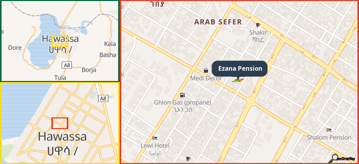 Map showing the address of Ezana Pension in three different zoom levels.