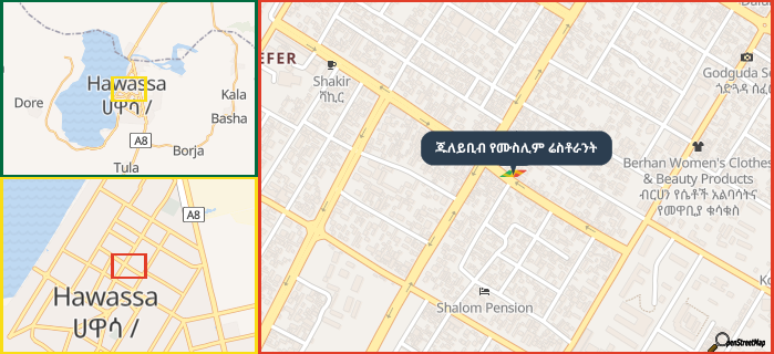 Map showing the address of ጁለይቢብ የሙስሊም ሬስቶራንት in three different zoom levels.