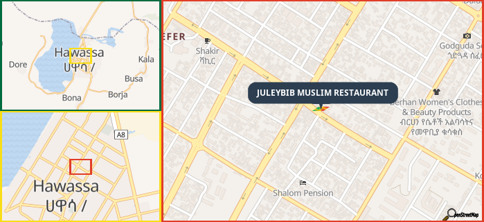 Map showing the address of JULEYBIB MUSLIM RESTAURANT in three different zoom levels.