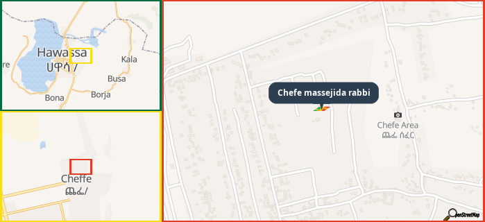 Map showing the address of Chefe massejida rabbi in three different zoom levels.