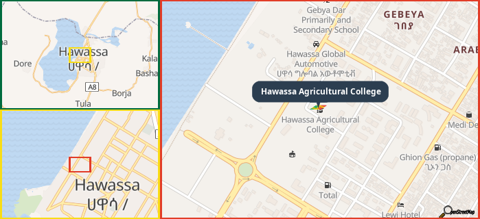 Map showing the address of Hawassa Agricultural College in three different zoom levels.