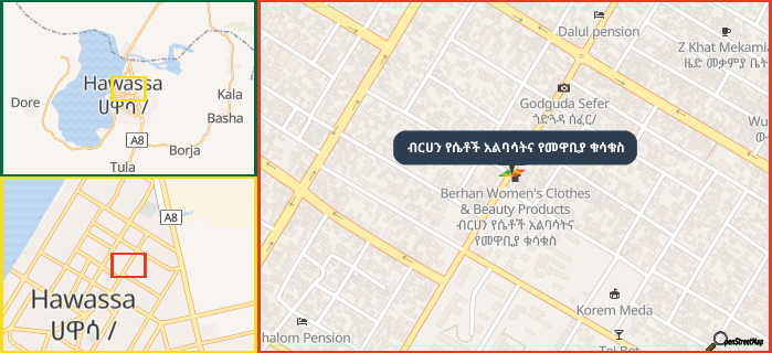 Map showing the address of ብርሀን የሴቶች አልባሳትና የመዋቢያ ቁሳቁስ in three different zoom levels.