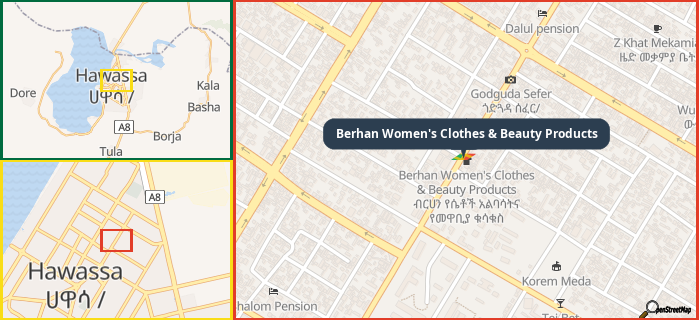 Map showing the address of Berhan Women's Clothes & Beauty Products in three different zoom levels.