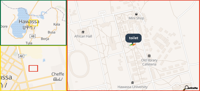 Map showing the address of toilet in three different zoom levels.