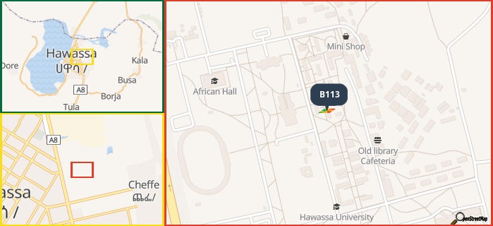 Map showing the address of B113 in three different zoom levels.