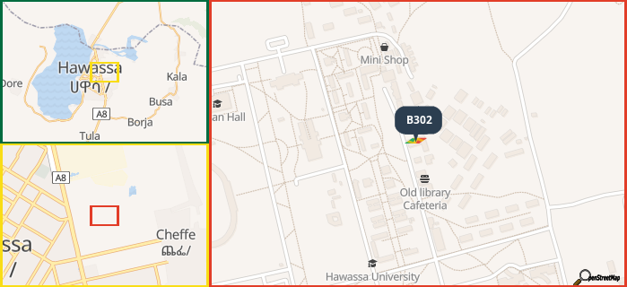 Map showing the address of B302 in three different zoom levels.