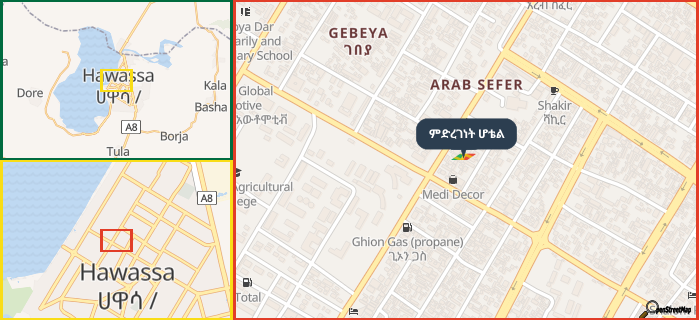 Map showing the address of ምድረገነት ሆቴል in three different zoom levels.