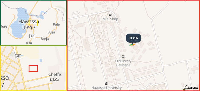 Map showing the address of B316 in three different zoom levels.