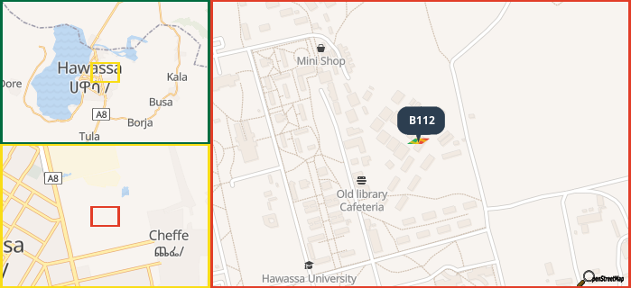 Map showing the address of B112 in three different zoom levels.