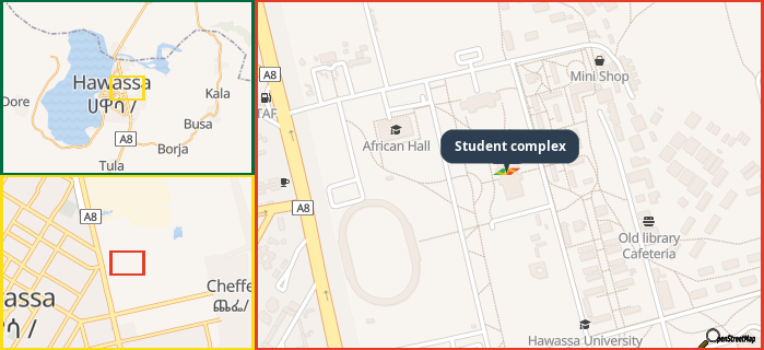 Map showing the address of Student complex in three different zoom levels.