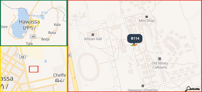 Map showing the address of B114 in three different zoom levels.